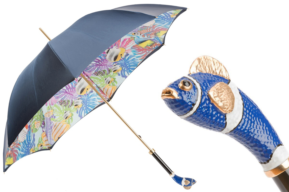 Blue Nemo Enameled Brass Handle Double Cloth Umbrella