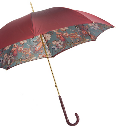 Classic Burgundy Umbrella with Leather Handle, Handmade in Italy