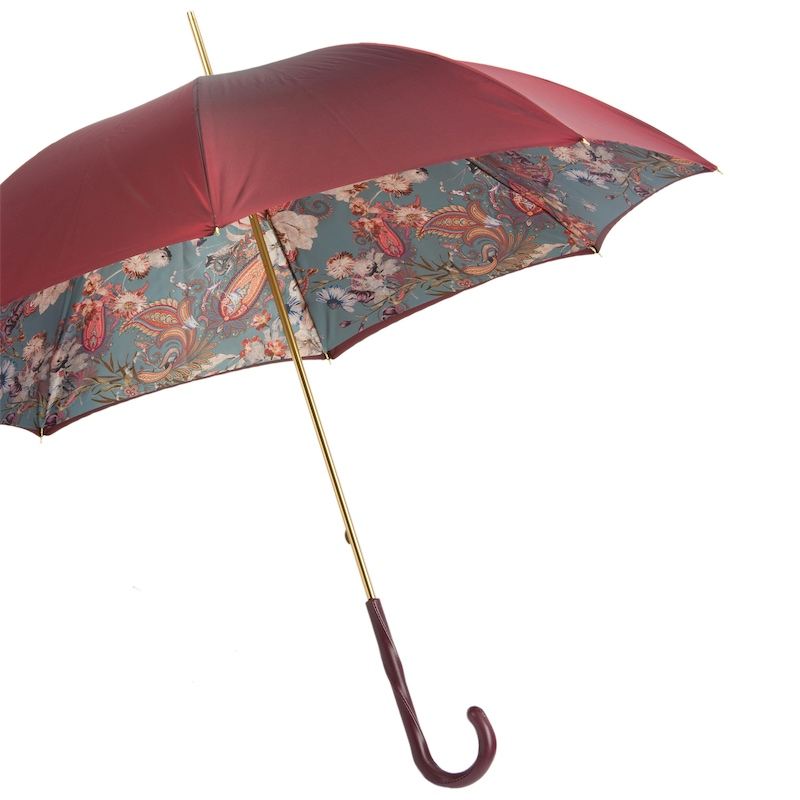Classic Burgundy Umbrella with Leather Handle, Handmade in Italy