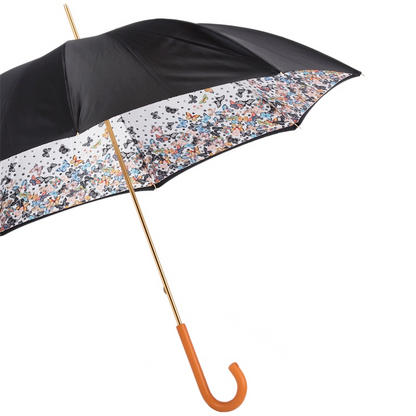 Butterfly Print Umbrella – Manual Opening with Orange Leather Handle