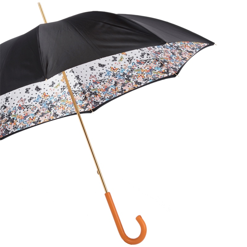 Butterfly Print Umbrella – Manual Opening with Orange Leather Handle