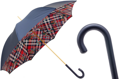 Leather Handle Classic Navy Umbrella with Stripes and Floral Motif