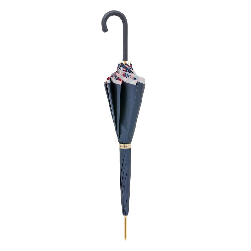 Leather Handle Classic Navy Umbrella with Stripes and Floral Motif