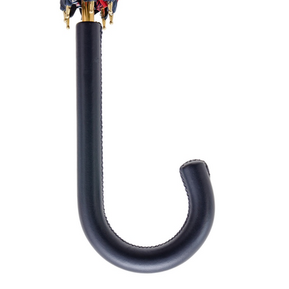Leather Handle Classic Navy Umbrella with Stripes and Floral Motif