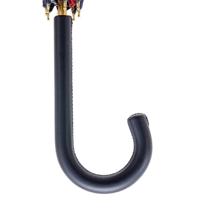 Leather Handle Classic Navy Umbrella with Stripes and Floral Motif