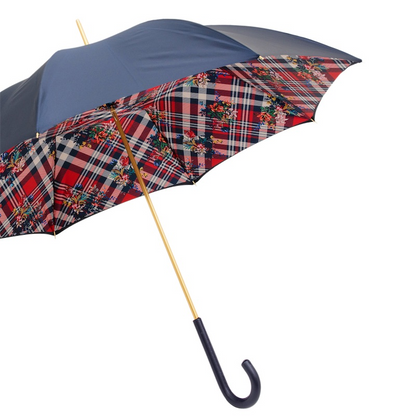 Leather Handle Classic Navy Umbrella with Stripes and Floral Motif