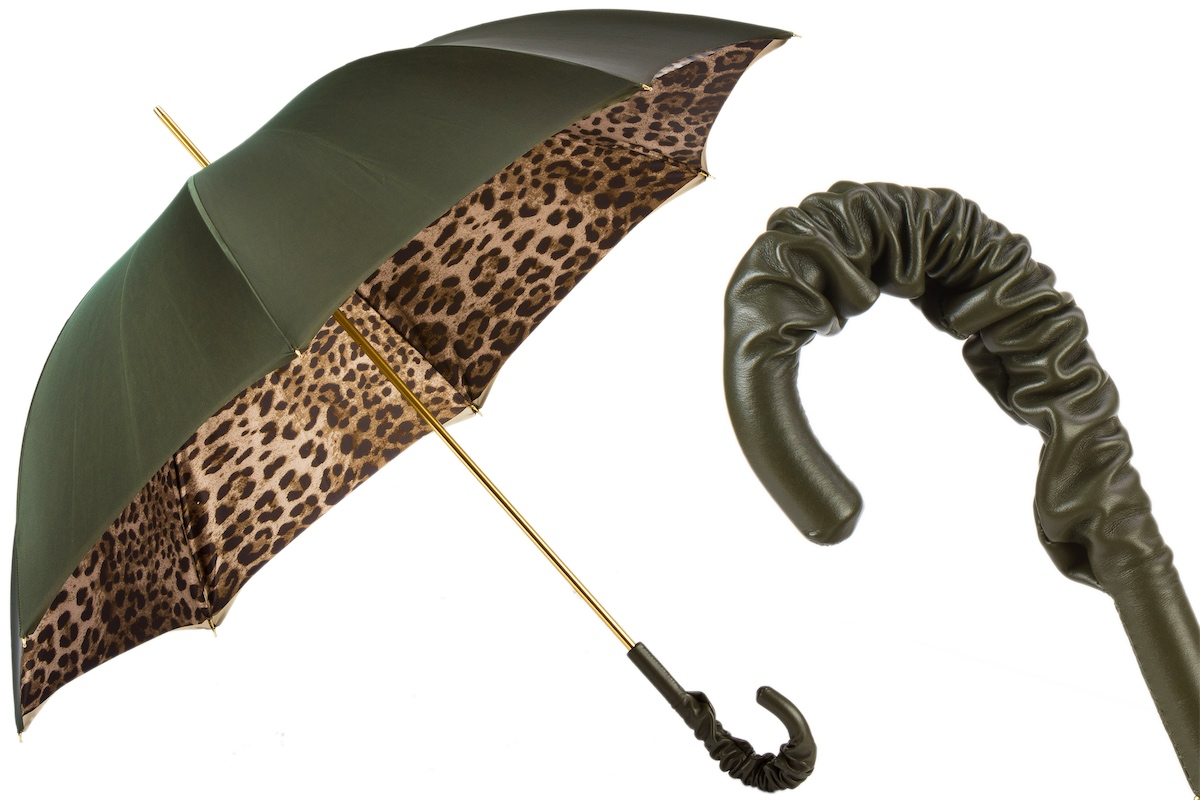 Leopard Print Olive Green Umbrella with Ruched Leather Handle