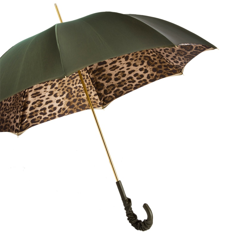 Leopard Print Olive Green Umbrella with Ruched Leather Handle