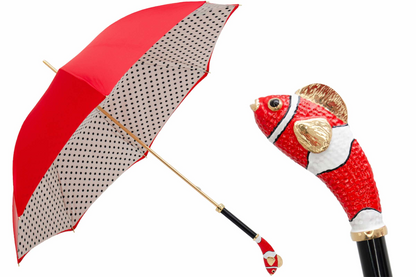 Red Fish Enameled Brass Handle Double Cloth Umbrella