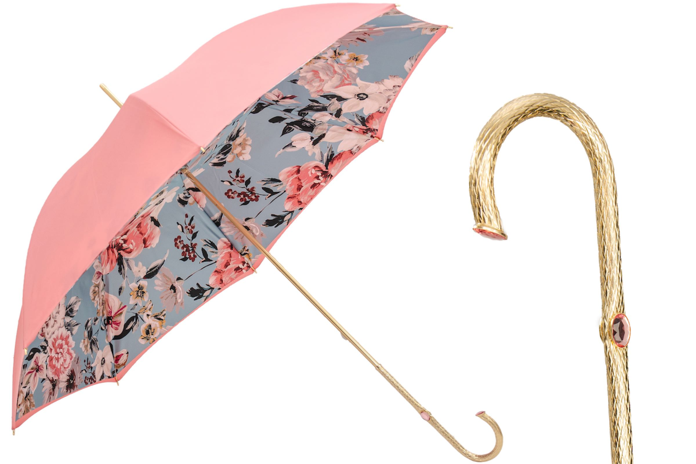 Jeweled Brass Handle Pink Umbrella with Flowers – Double Cloth