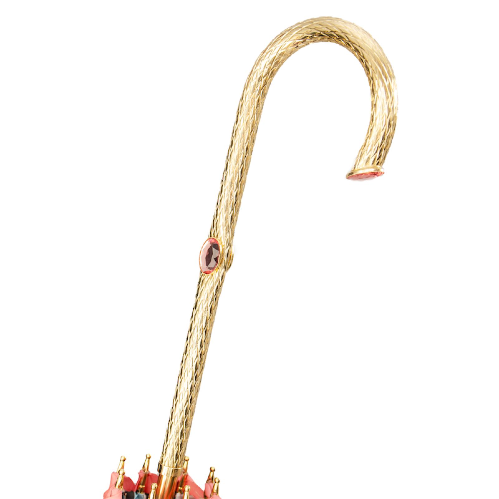 Jeweled Brass Handle Pink Umbrella with Flowers – Double Cloth