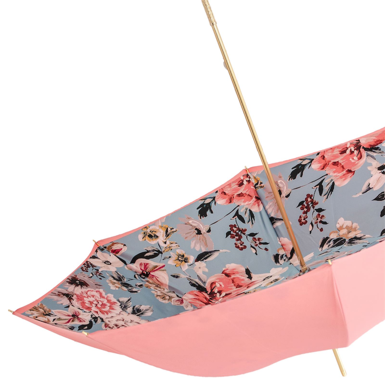 Jeweled Brass Handle Pink Umbrella with Flowers – Double Cloth