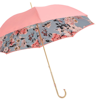 Jeweled Brass Handle Pink Umbrella with Flowers – Double Cloth