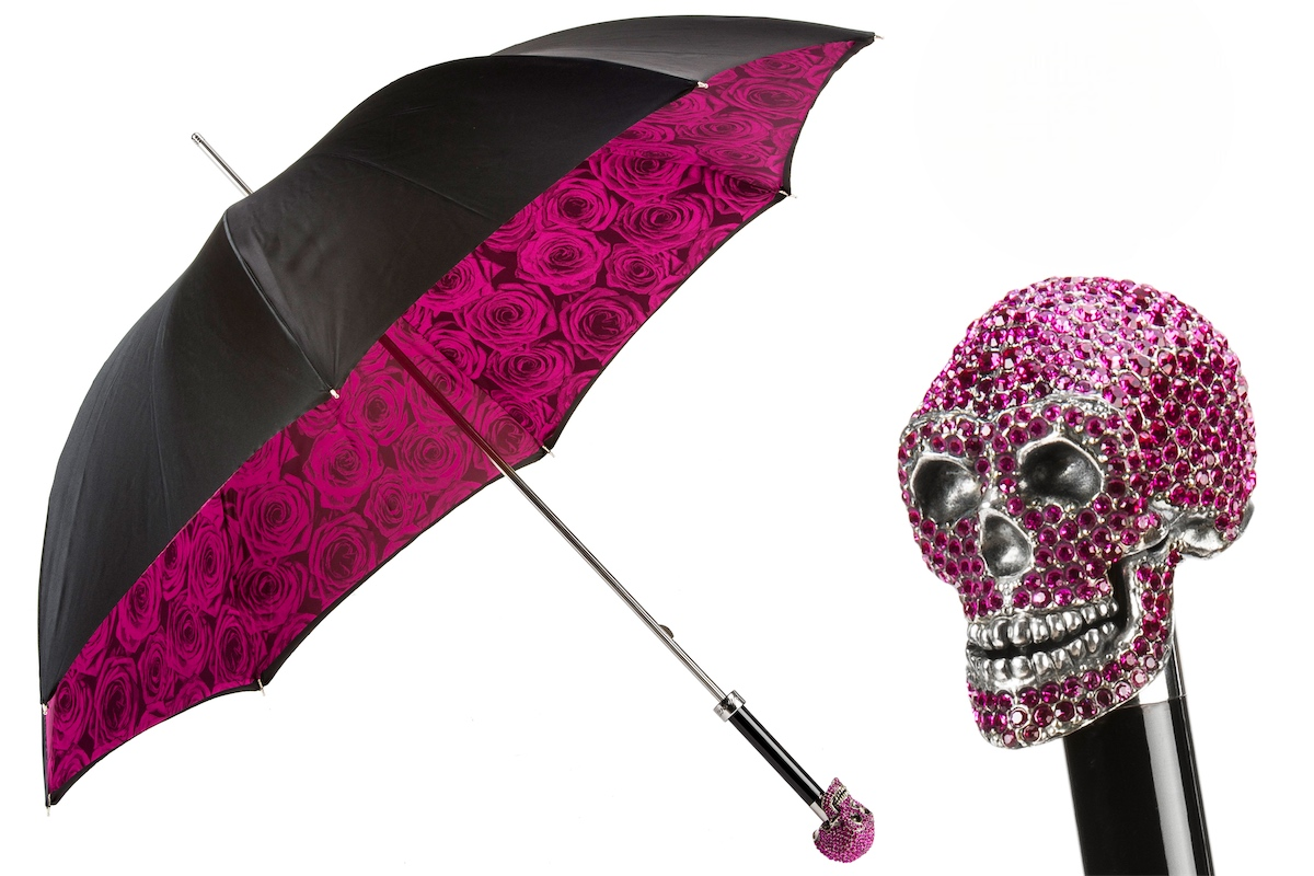 Fuchsia Roses Canopy Swarovski Skull Handle Umbrella