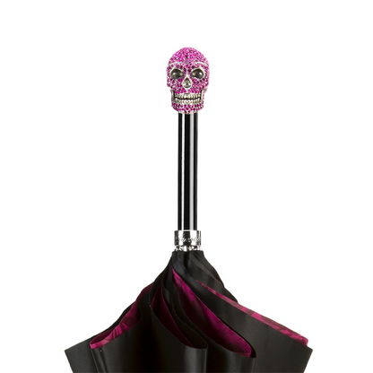 Fuchsia Roses Canopy Swarovski Skull Handle Umbrella