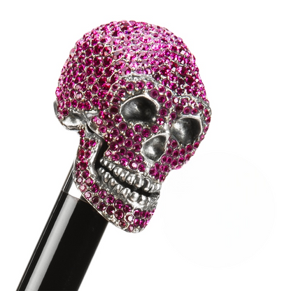 Fuchsia Roses Canopy Swarovski Skull Handle Umbrella