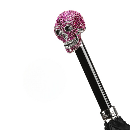 Fuchsia Roses Canopy Swarovski Skull Handle Umbrella