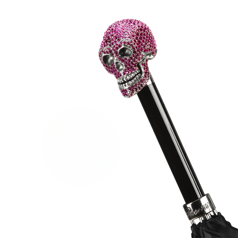Fuchsia Roses Canopy Swarovski Skull Handle Umbrella