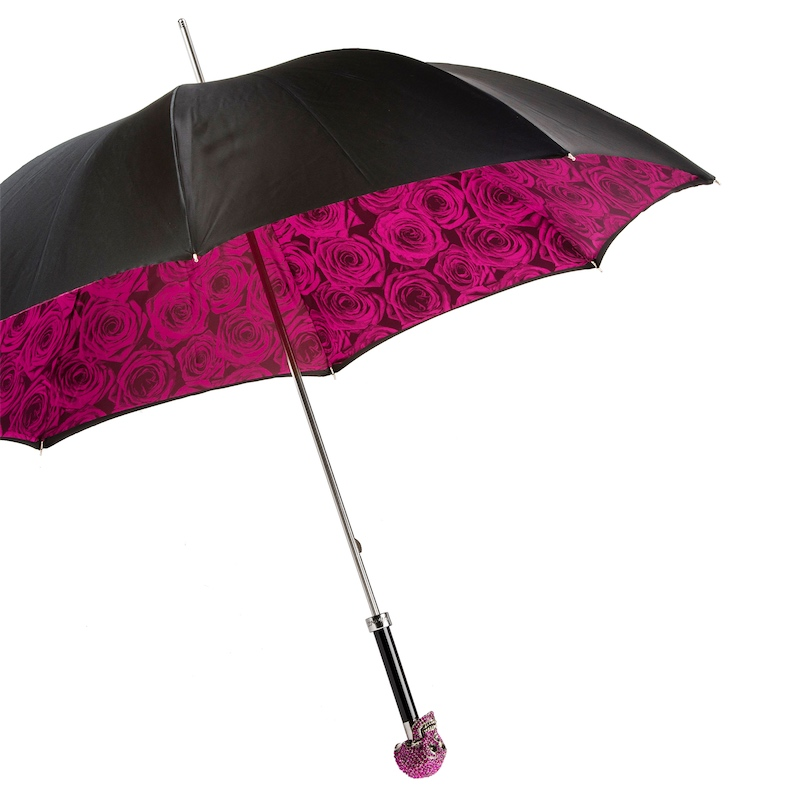 Fuchsia Roses Canopy Swarovski Skull Handle Umbrella