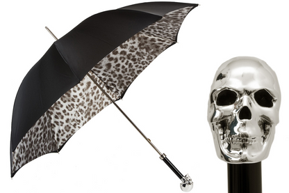 Luxury Black and White Animalier Umbrella with Silver Skull Handle