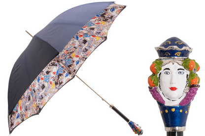 Sicilian Head Enameled Brass Handle Manual Opening Luxury Umbrella
