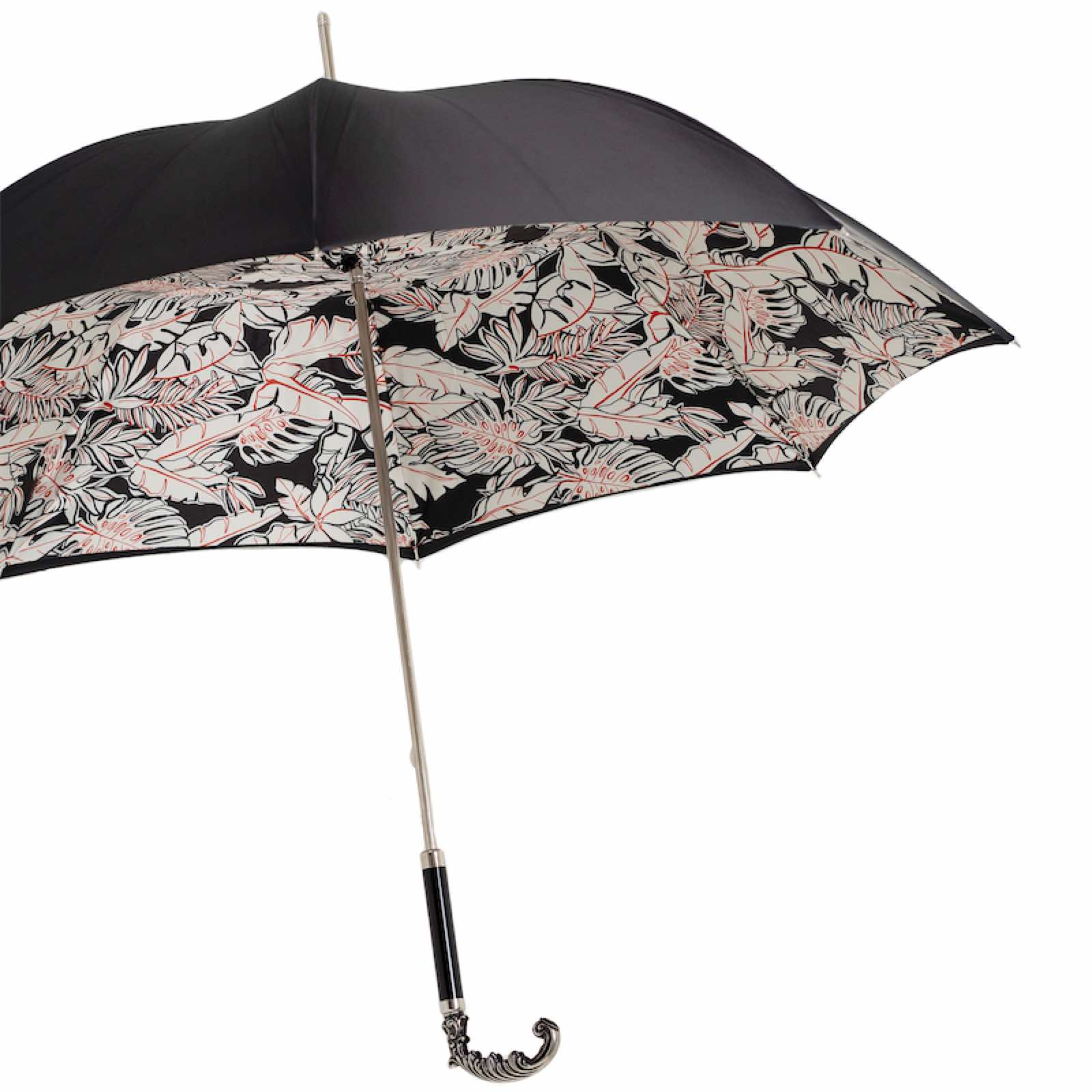 Elegant Brass Handle White Leaves Umbrella – Manual Opening