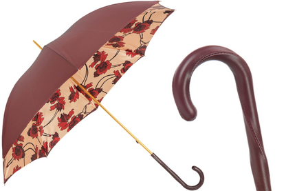 Leather Handle Flowered Burgundy Manual Opening Umbrella