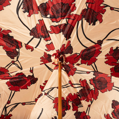 Leather Handle Flowered Burgundy Manual Opening Umbrella