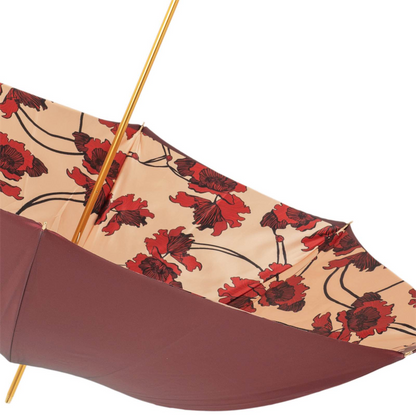 Leather Handle Flowered Burgundy Manual Opening Umbrella