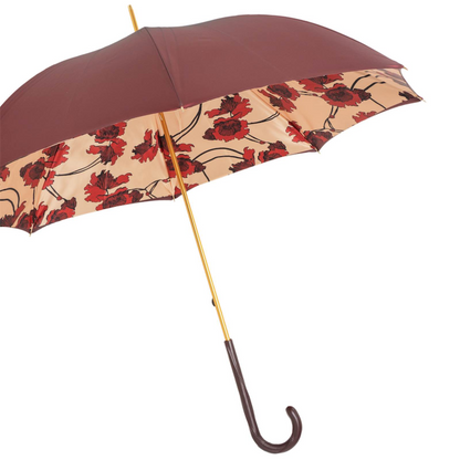 Leather Handle Flowered Burgundy Manual Opening Umbrella