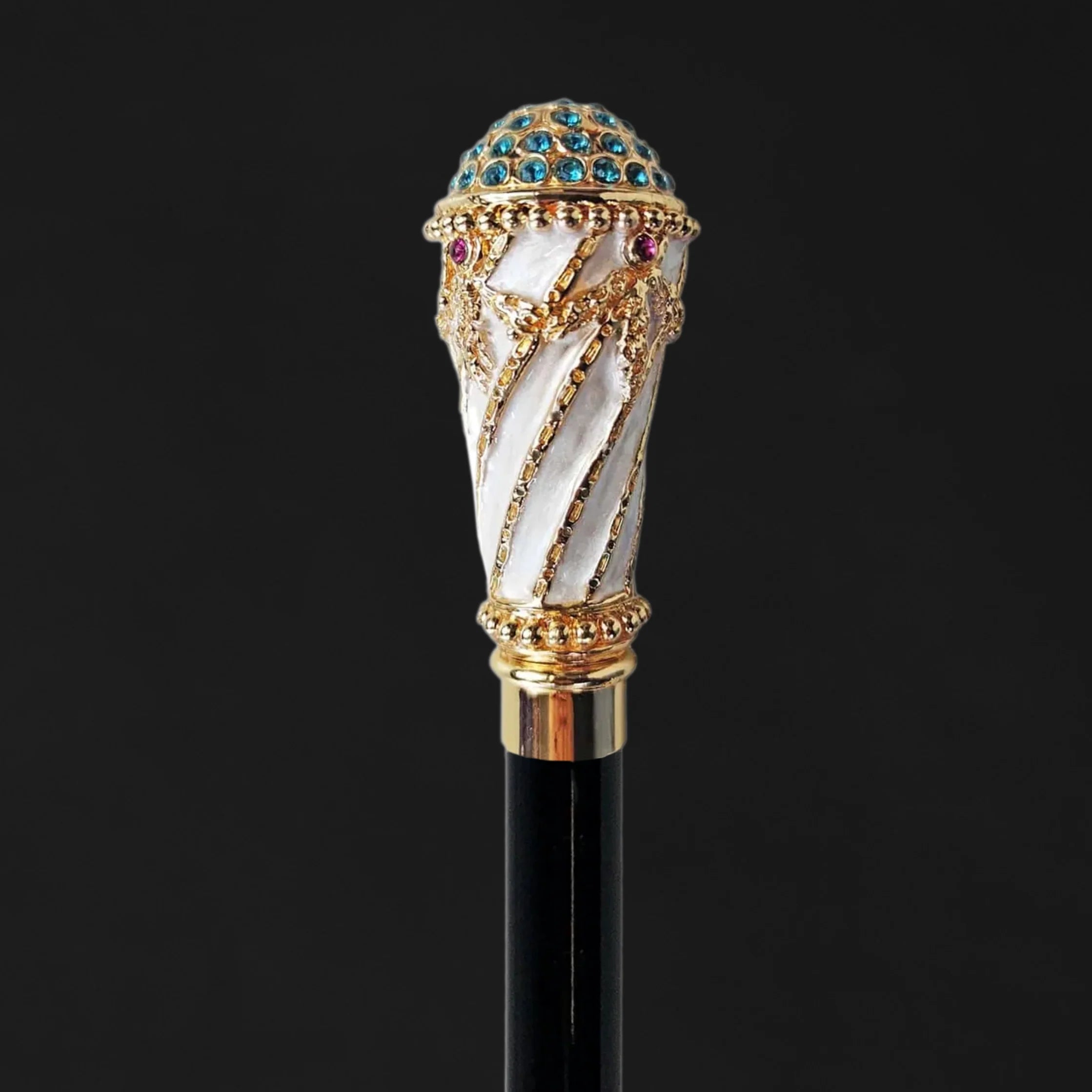 Luxury Gold Walking Cane with Indicolite Crystals – Hand-Painted Art Cane