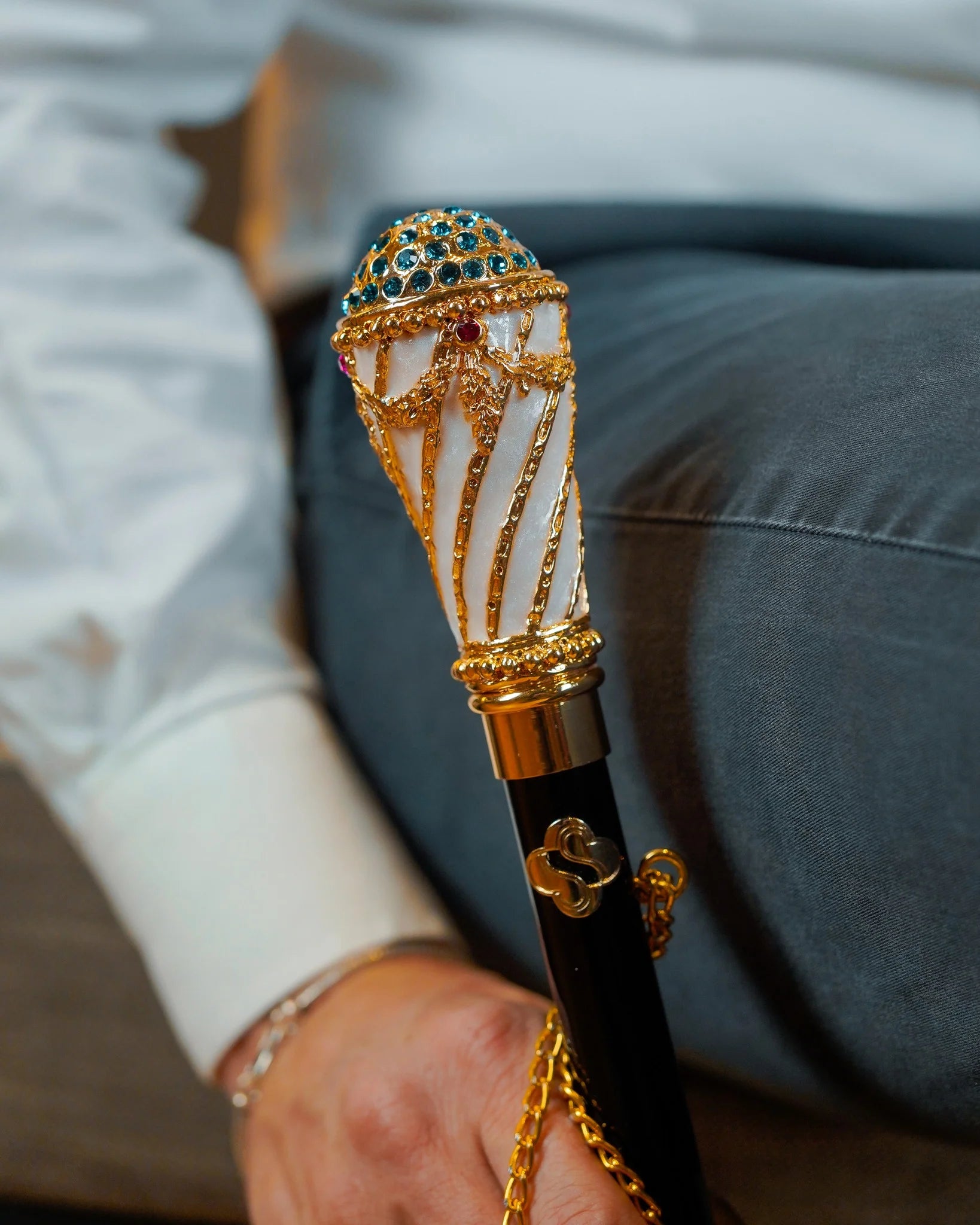 Luxury Gold Walking Cane with Indicolite Crystals – Hand-Painted Art Cane