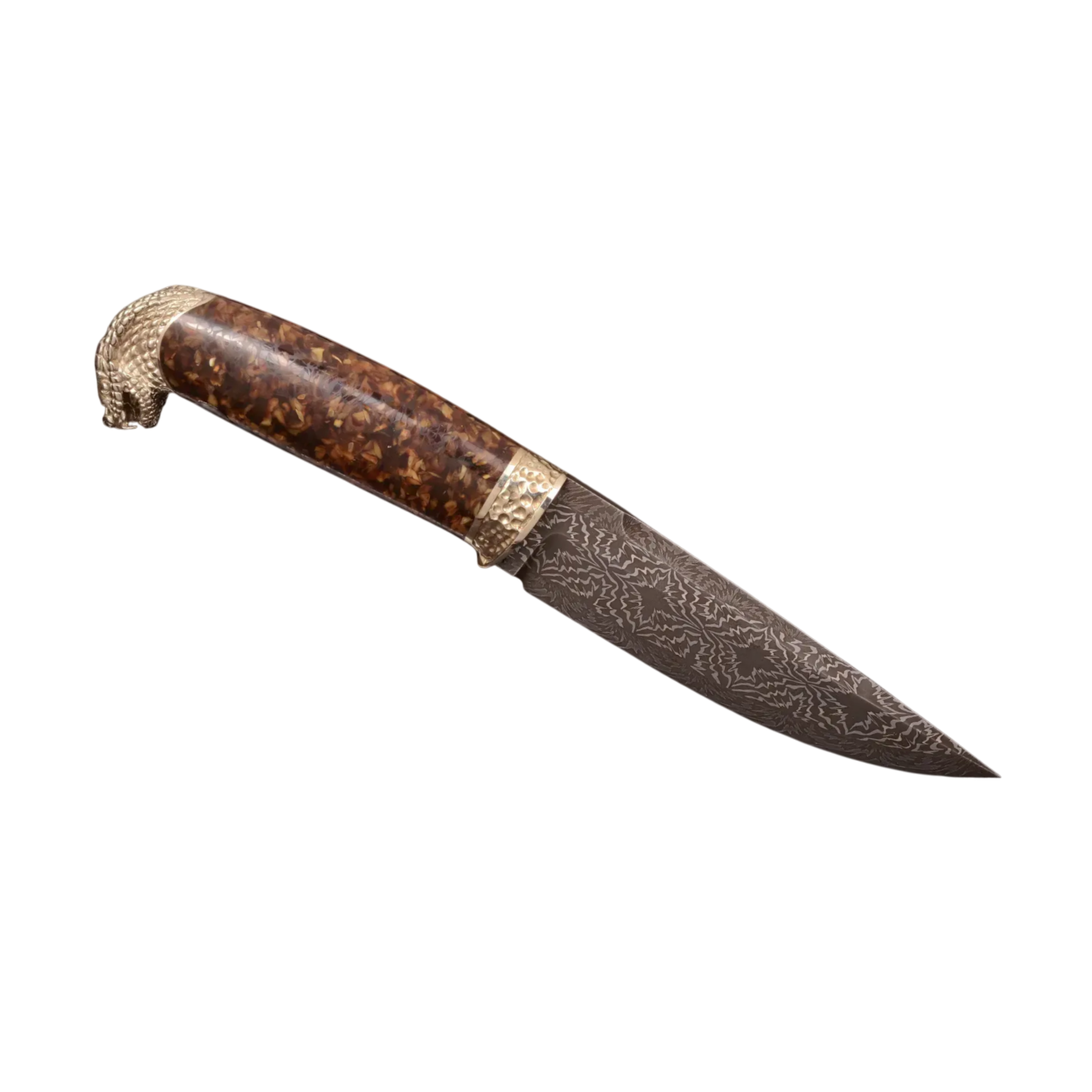 Exclusive Collectible Knife with Mosaic Damascus Steel Blade and Amber Handle