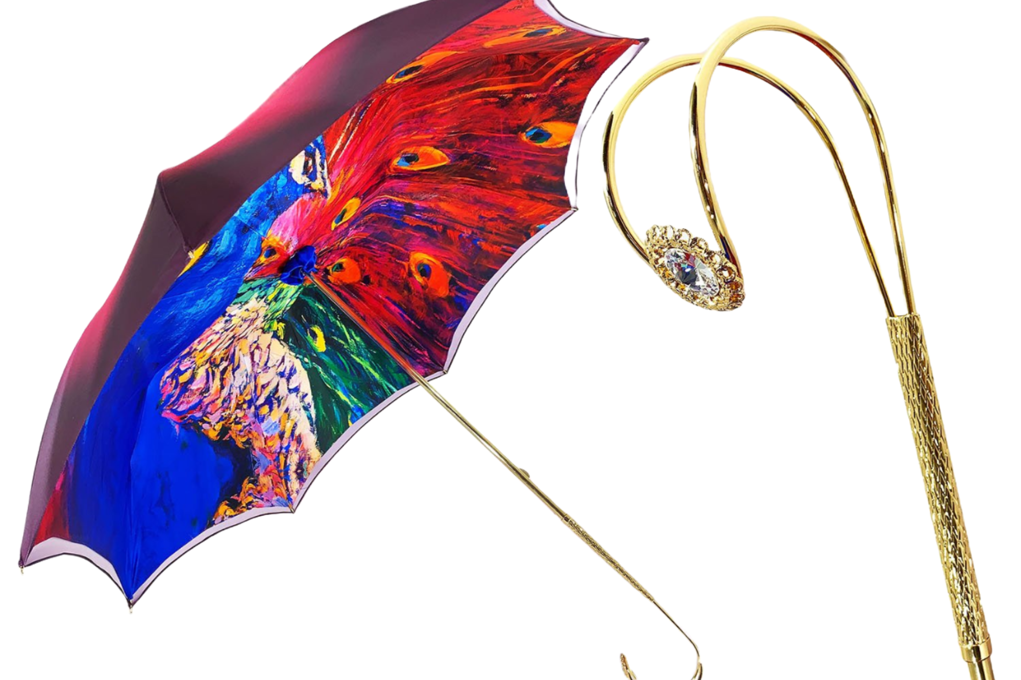 Luxury Peacock Umbrella with Swarovski Handle and Gold Accents
