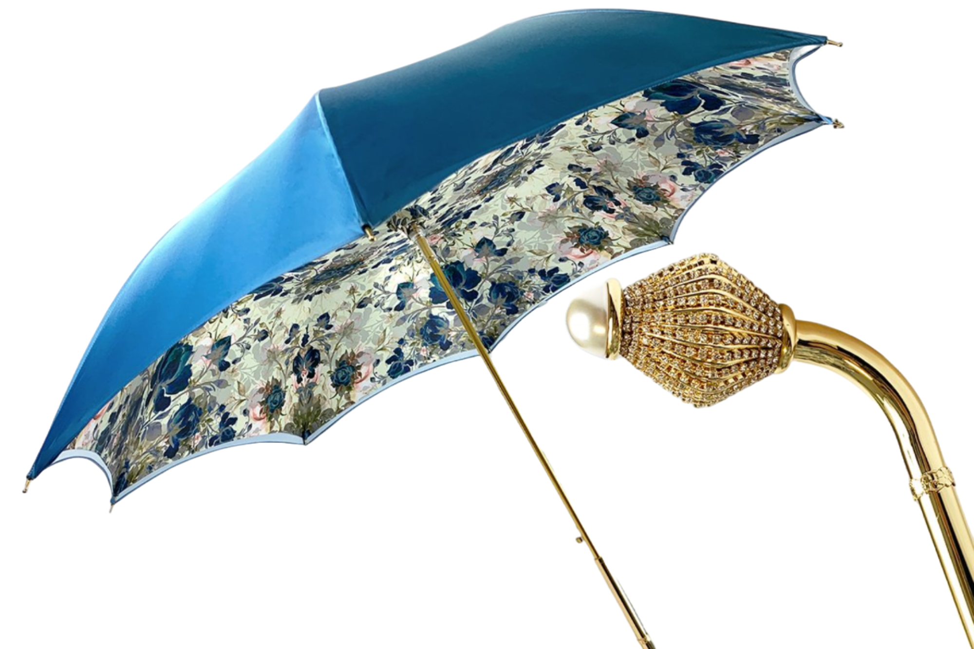 Luxury Light Blue Floral Umbrella with Swarovski Handle