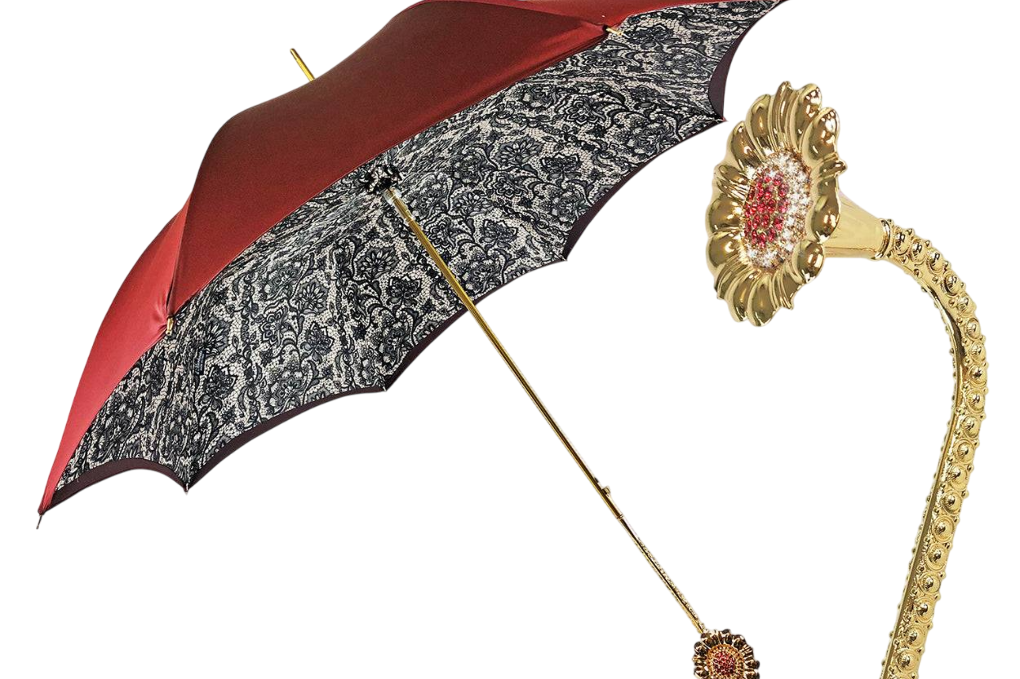 Luxury Burgundy Umbrella with Lace Interior and Swarovski Handle