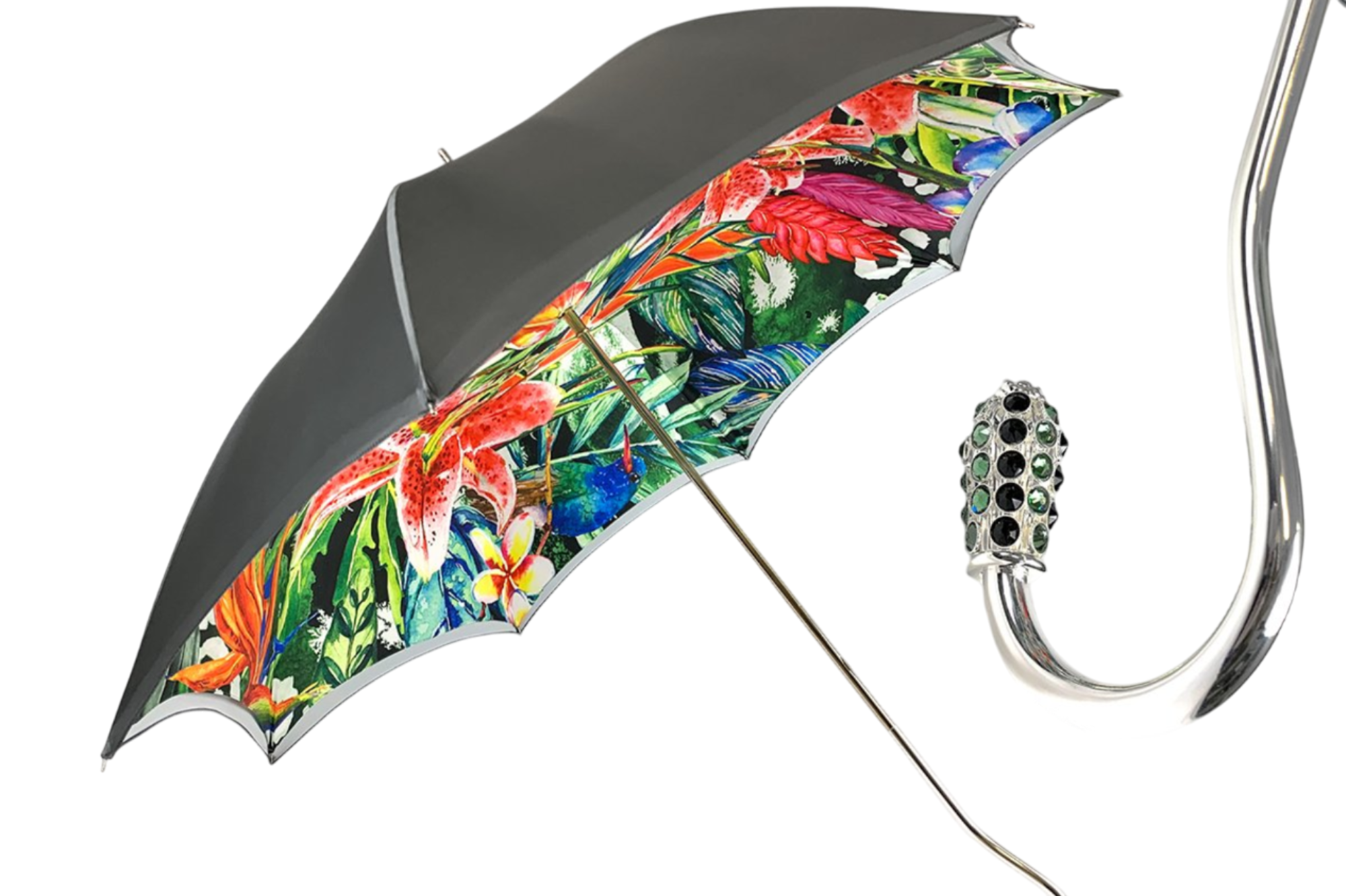 Luxury Grey Ombre Umbrella with Floral Interior and Swarovski Handle