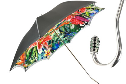 Luxury Grey Ombre Umbrella with Floral Interior and Swarovski Handle
