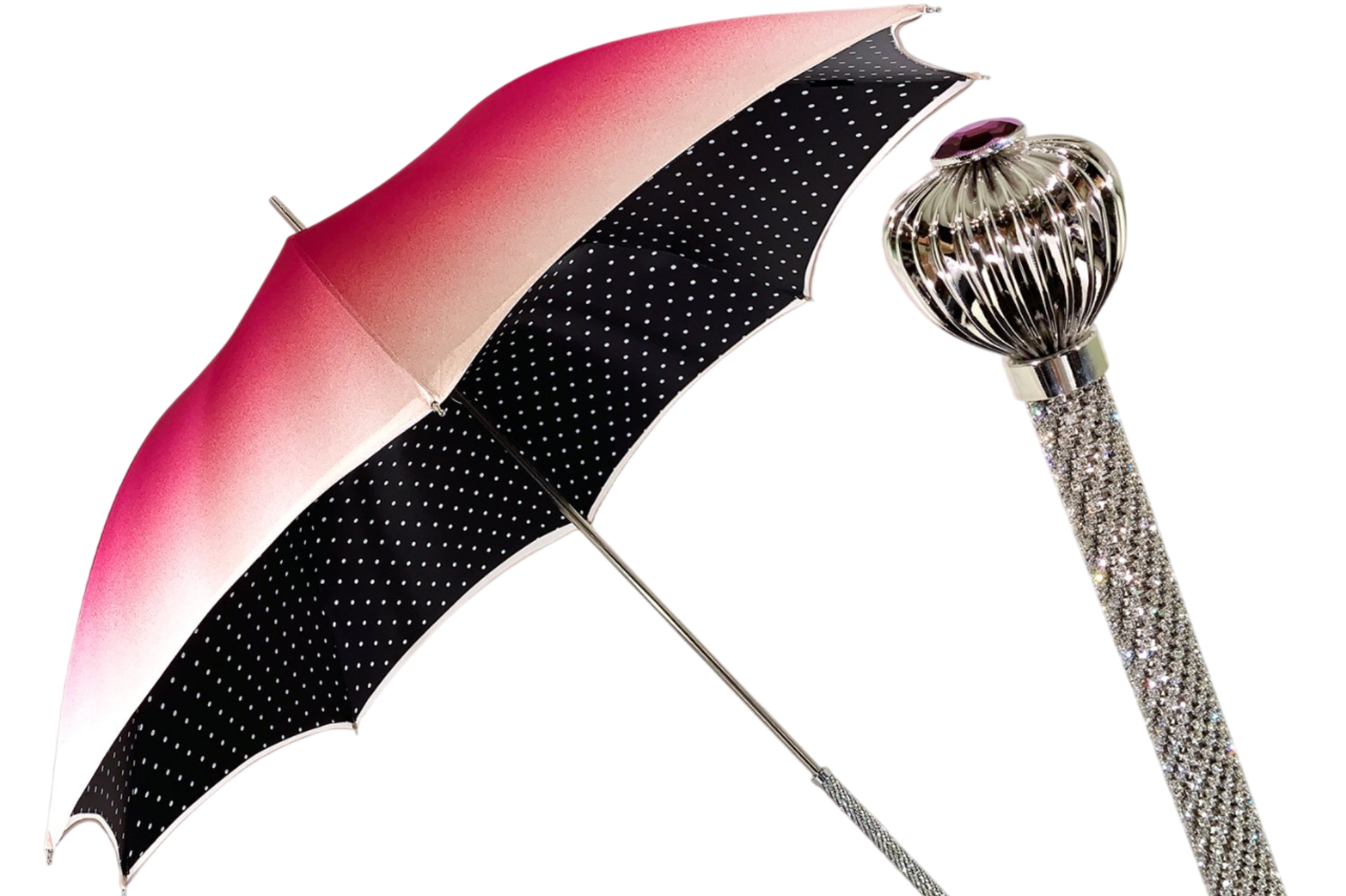 Black and White Dots Print Umbrella with Swarovski Crystal Handle