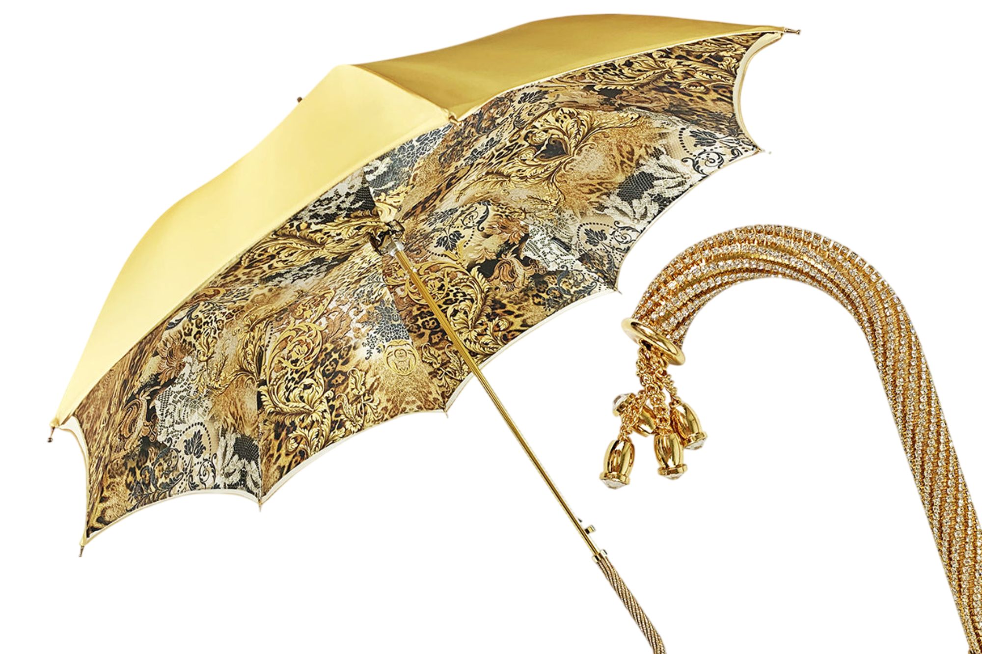 Golden Satin Double Canopy Umbrella with Swarovski Crystal Details