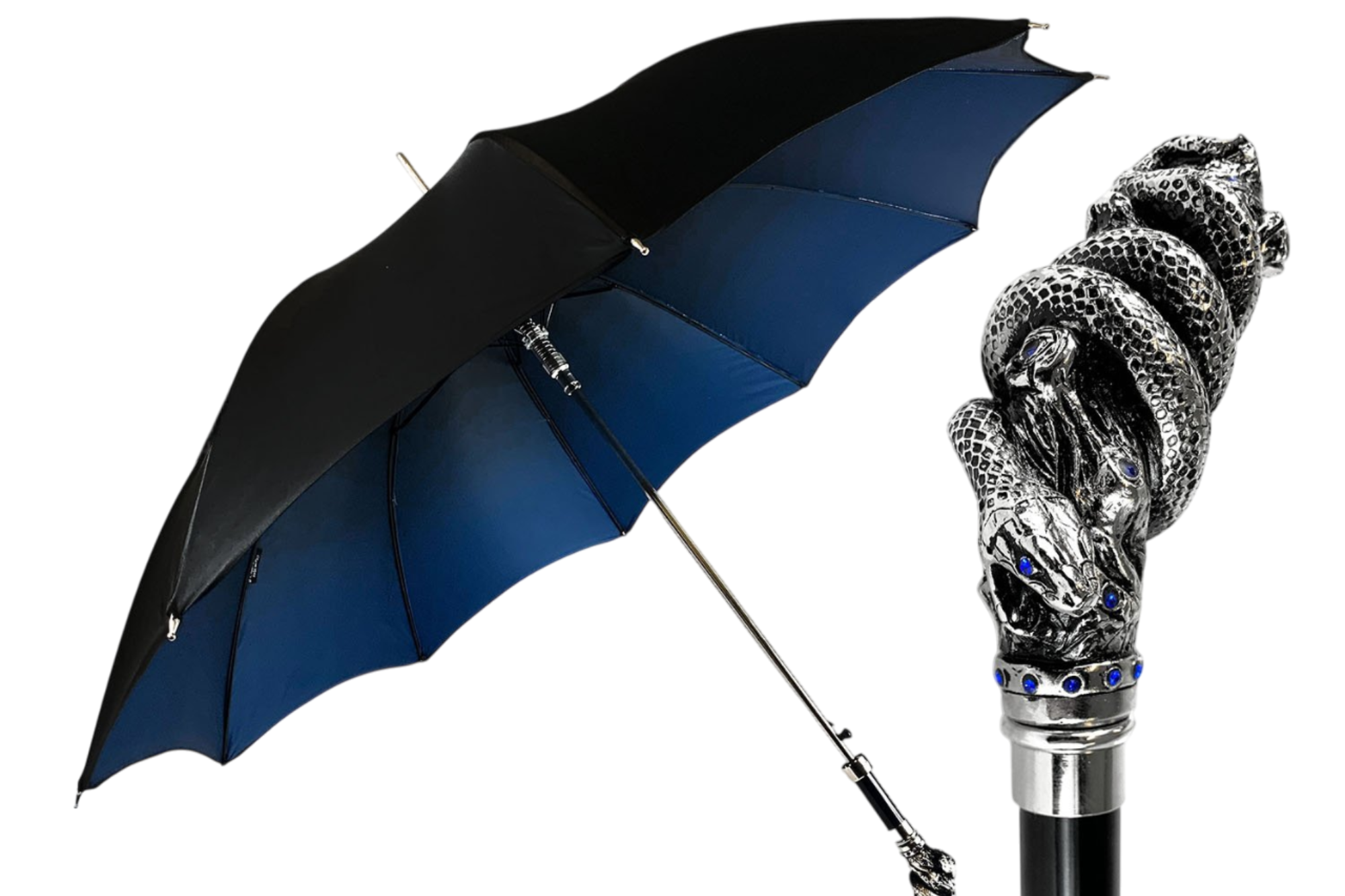 Double-Canopy Umbrella with Silver Snake Handle and Sapphire Crystals