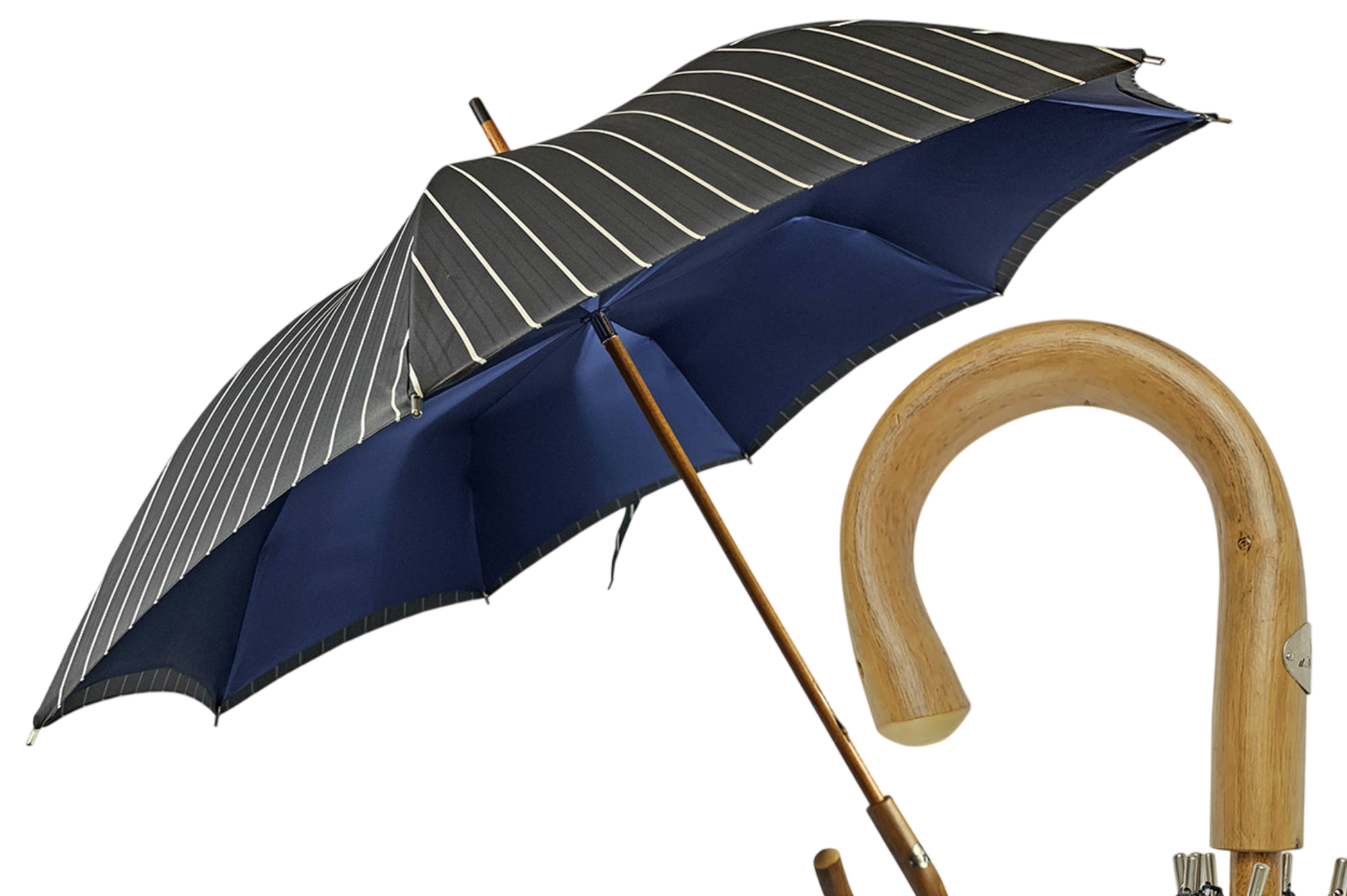 Refined Double-Canopy Men’s Umbrella in Grey and Blue Stripes