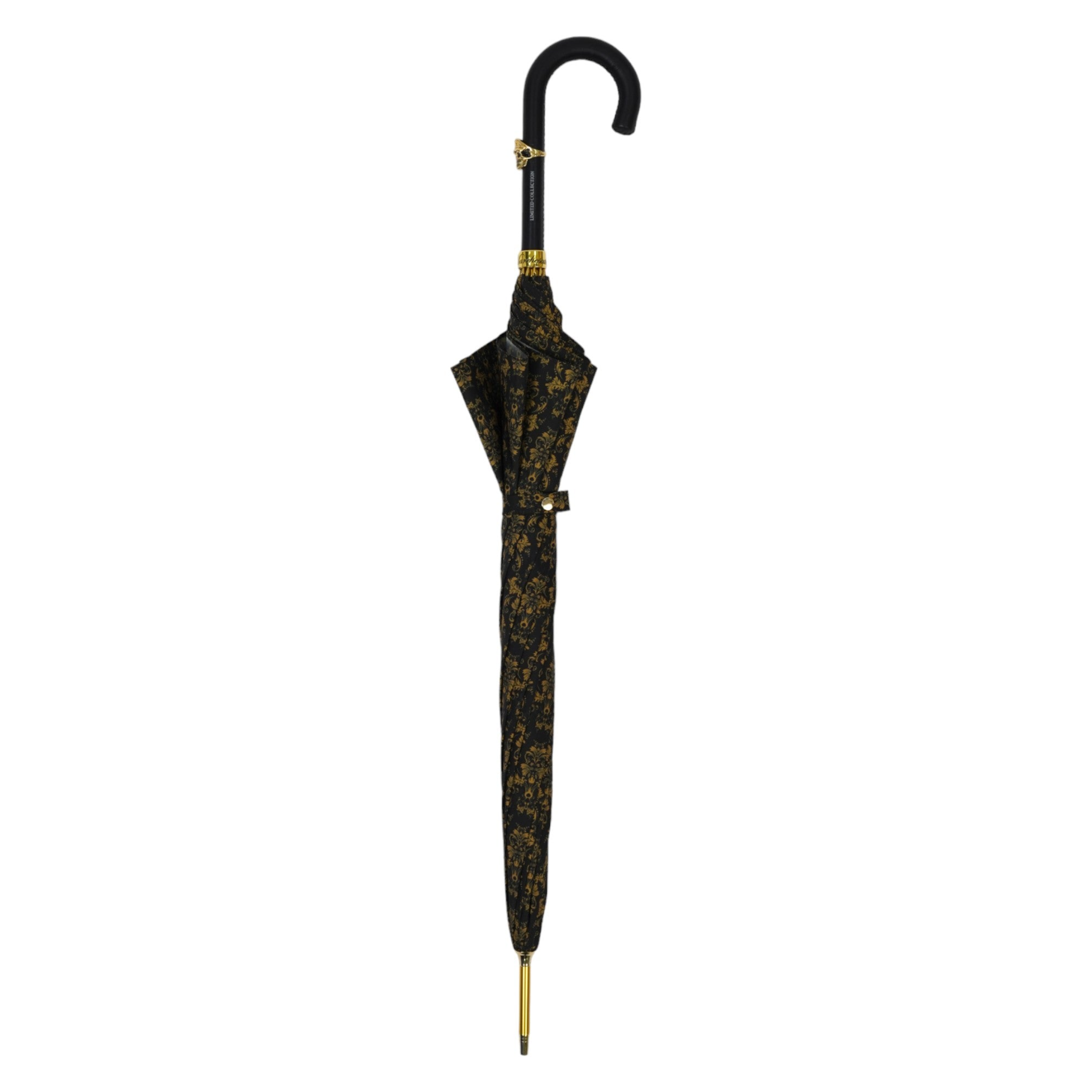Leather Handle 24K Skull Detail Black and Gold Damask Umbrella