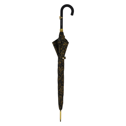 Leather Handle 24K Skull Detail Black and Gold Damask Umbrella