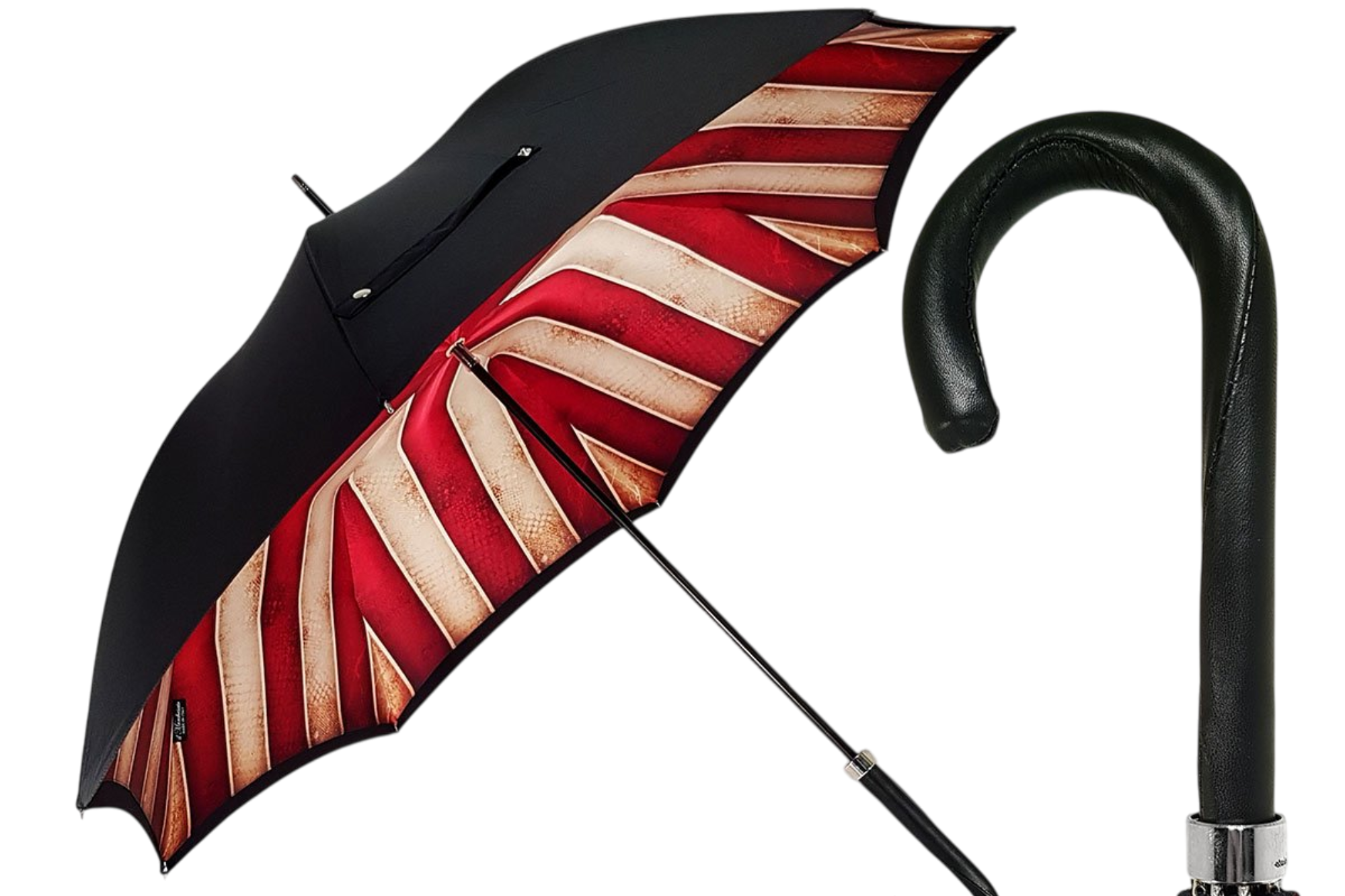 Luxurious Leather Handle Handcrafted Striped Red and Cream Umbrella