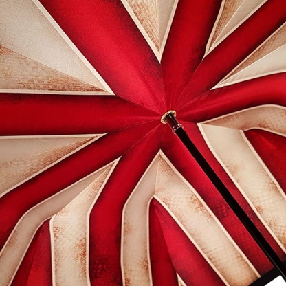 Luxurious Leather Handle Handcrafted Striped Red and Cream Umbrella