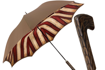 Handcrafted Red and Cream Striped Umbrella with Engraved Wood Handle