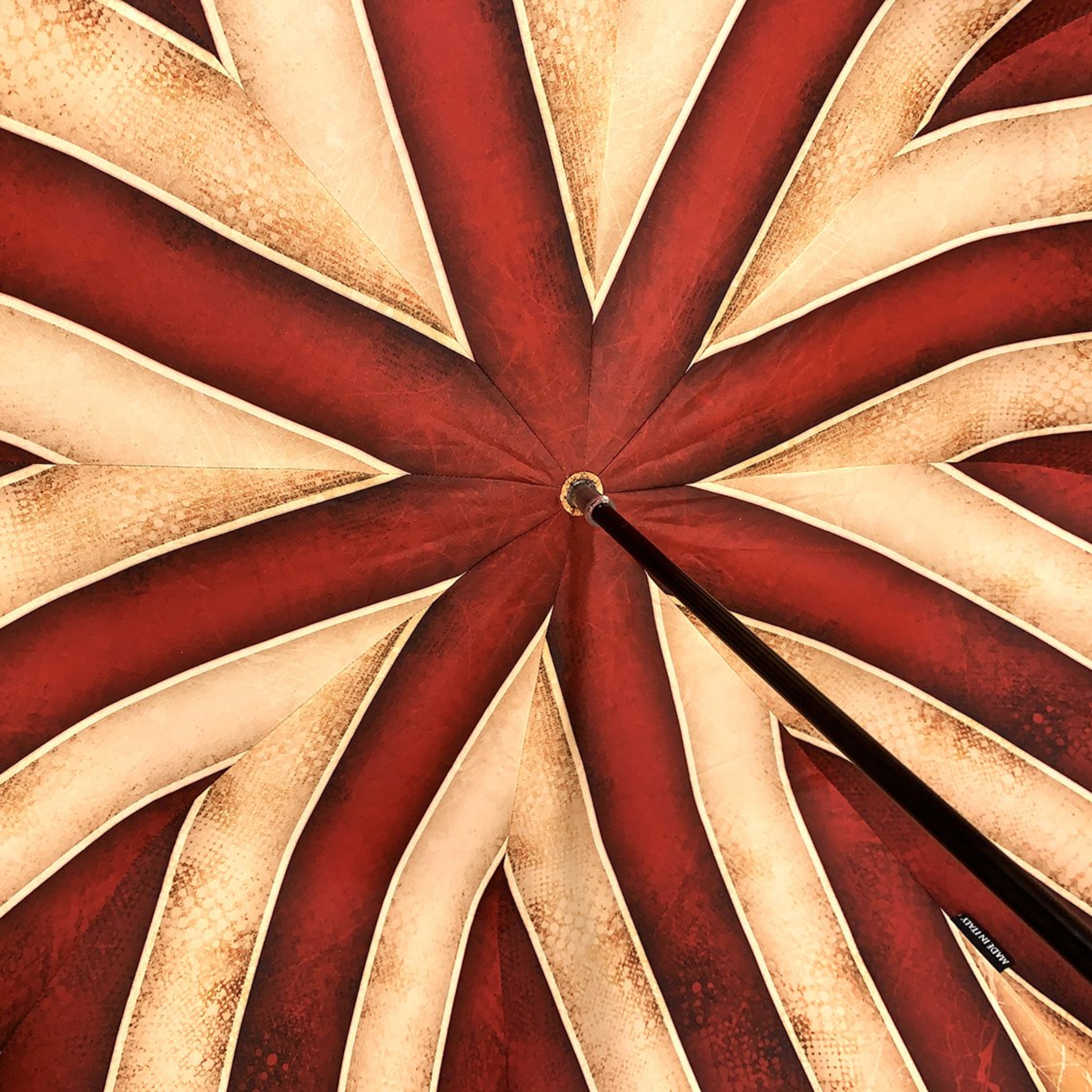 Handcrafted Red and Cream Striped Umbrella with Engraved Wood Handle