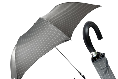 Refined Men’s Gray Striped Folding Umbrella with Leather Handle