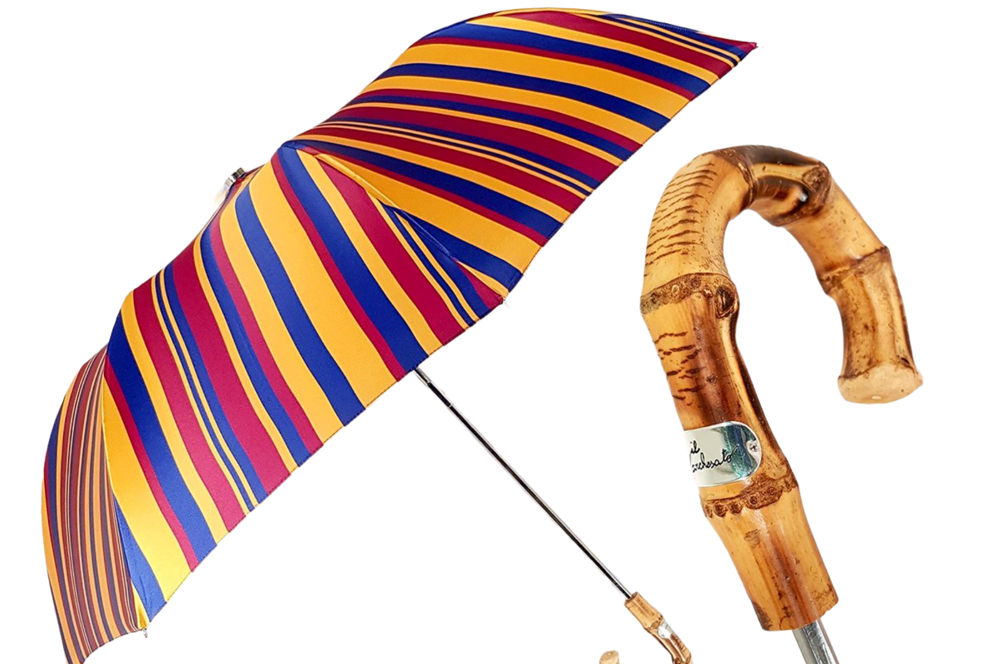 Elegant Multi-Color Striped Folding Umbrella with Bamboo Handle